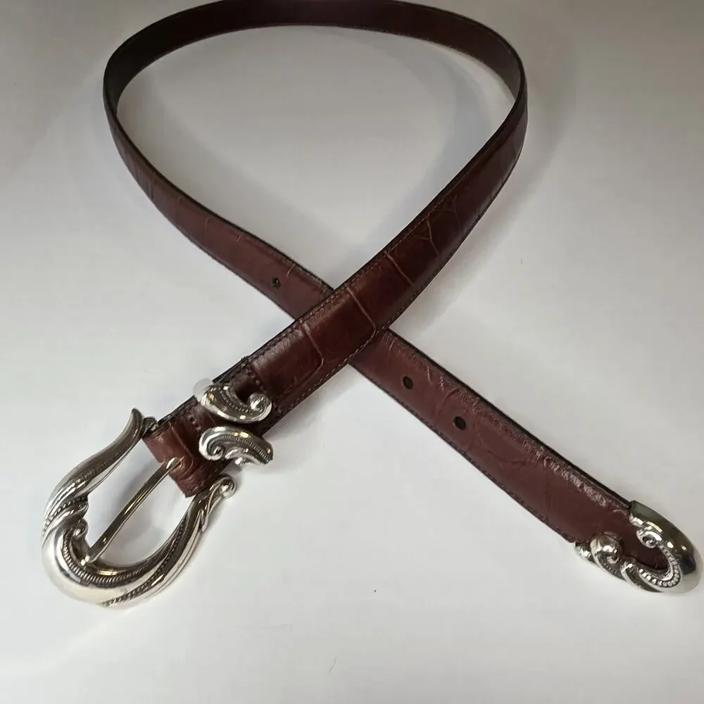 VTG Brighton Y2K Brown Croc Embossed Leather Belt 2X Ornate Scroll Buckle Silver